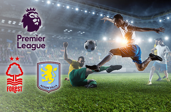 Players in action on a football pitch under stadium lights. The Premier League logo is displayed alongside the Nottingham Forest and Aston Villa club logos.