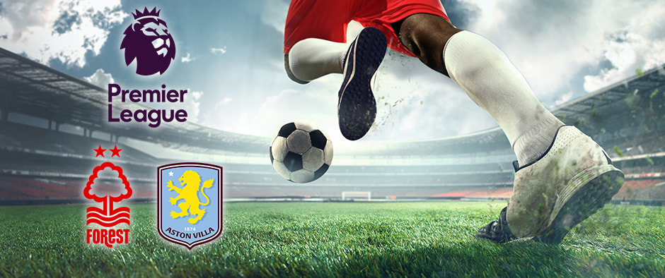 A football player in red kit prepares to kick a ball on a grassy pitch. The Premier League logo is displayed, alongside the Nottingham Forest and Aston Villa club logos, in a large stadium.