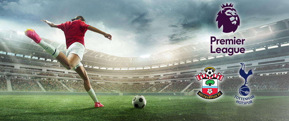 A football player in red kit prepares to kick the ball on a grass pitch. The Premier League logo is displayed alongside the Southampton and Tottenham Hotspur club logos in a large stadium.