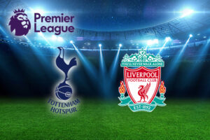 Logos of Tottenham Hotspur and Liverpool with the Premier League logo above, set against a stadium backdrop.