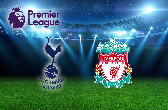 Logos of Tottenham Hotspur and Liverpool with the Premier League logo above, set against a stadium backdrop.