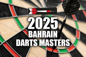 2025 Bahrain Darts Masters logo overlay on a dartboard with darts in the bullseye, highlighting a premier darts tournament event