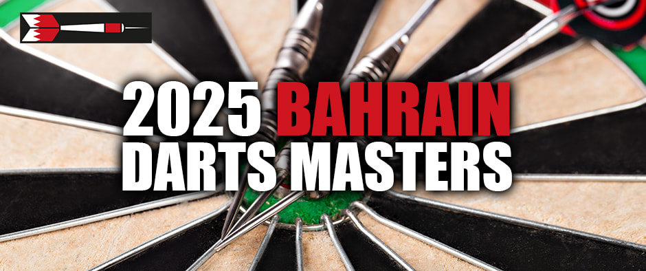 2025 Bahrain Darts Masters logo featured on a dartboard with multiple darts in the centre, signifying an upcoming top-tier darts competition