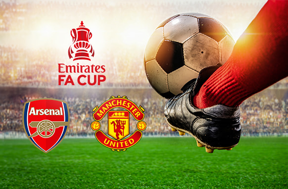 A football player in red socks and black boots is about to kick a ball on a green pitch, set against a stadium backdrop. The image features the Emirates FA Cup logo prominently at the top, with the Arsenal and Manchester United crests displayed below, highlighting their upcoming FA Cup match.