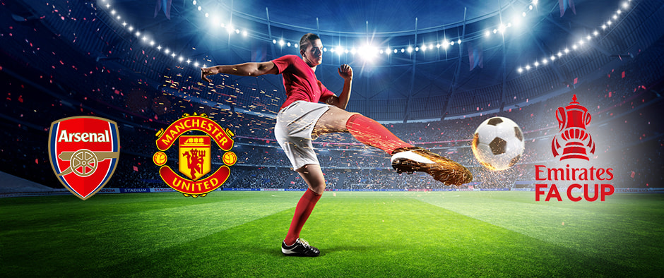 A football player kicks a ball on a vibrant green pitch under bright stadium lights. The image prominently features the Arsenal and Manchester United crests alongside the Emirates FA Cup logo, highlighting their upcoming match in the tournament.