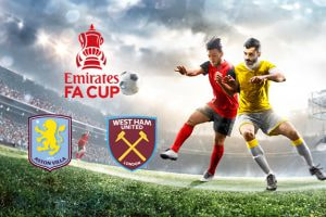 Two football players vie for the ball on a field under floodlights, with the Emirates FA Cup logo, Aston Villa and West Ham United badges prominently displayed in the foreground.