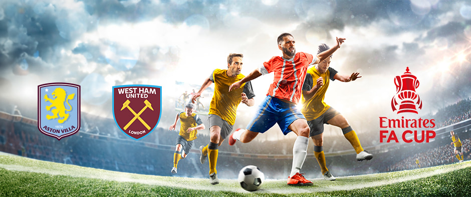 Football players compete energetically on the pitch under dramatic skies, with the Aston Villa and West Ham United logos alongside the Emirates FA Cup emblem prominently featured in the foreground.