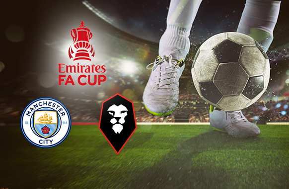 A football player poised to kick a ball on a stadium pitch under bright lights, with the Emirates FA Cup logo above. The Manchester City and Salford City crests are prominently displayed, highlighting their upcoming FA Cup match.