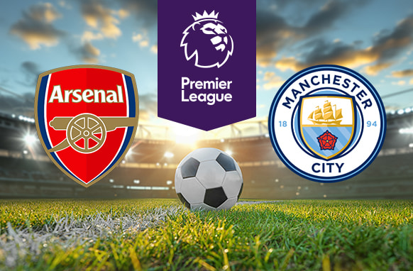 Image showing a football field at sunset with the logos of Arsenal and Manchester City on either side of a soccer ball. The Premier League logo is displayed above the ball.