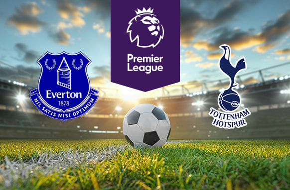 Everton vs Tottenham Hotspur Premier League match-up, featuring the team crests and a football on a green pitch under a blue sky with fluffy clouds.