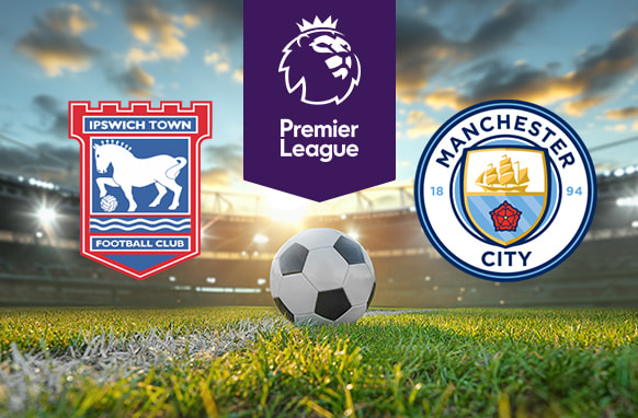 Ipswich Town vs Manchester City Premier League match-up, featuring the team crests and a football on a lush green pitch under a partly cloudy sky.