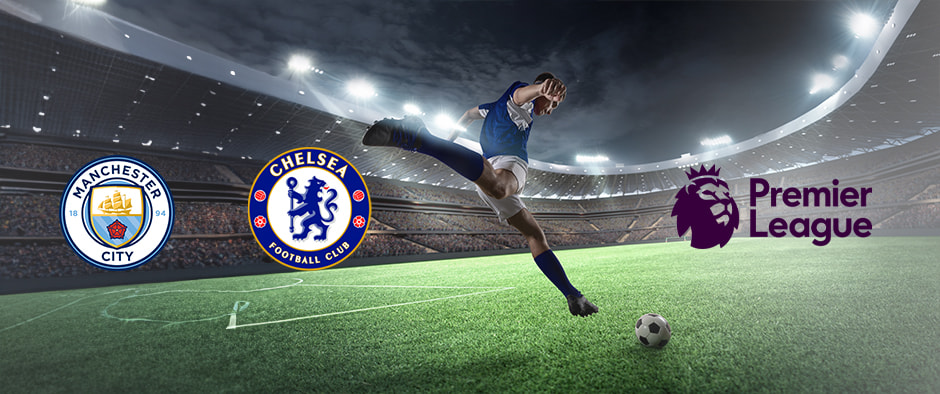 A football player in a blue kit is captured mid-kick on a vibrant green pitch under bright stadium lights. The image prominently features the Manchester City and Chelsea crests alongside the Premier League logo, highlighting their upcoming match in the tournament.