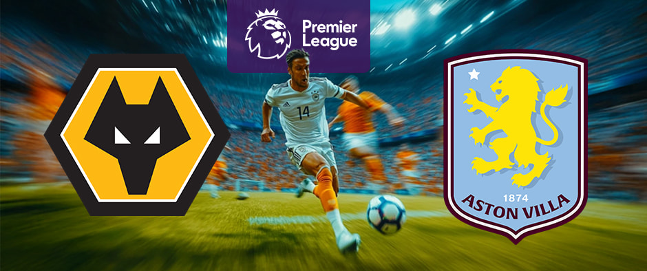 Image showing an action-packed soccer scene with a player in motion, featuring the Wolverhampton Wanderers and Aston Villa logos on either side. The Premier League logo is positioned above the player.