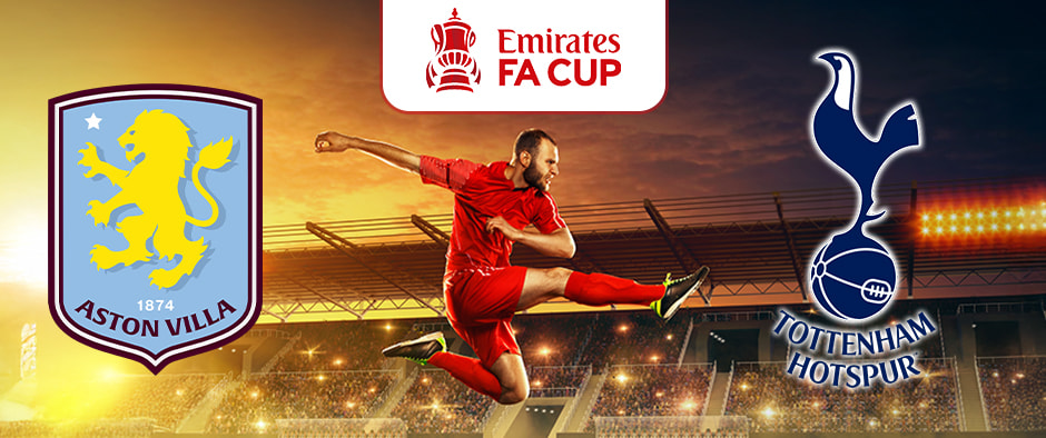 The image shows a football player in a red kit mid-air, set against a stadium lit during sunset or sunrise, with a dramatic sky. Above is the Emirates FA Cup logo. To the left is the Aston Villa logo with a light blue shield and yellow lion, and on the right is the Tottenham Hotspur logo with a cockerel on a football. This image highlights the excitement of an Emirates FA Cup match between Aston Villa and Tottenham Hotspur.