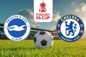 An image depicting the logos of Brighton & Hove Albion and Chelsea Football Club, set against a vibrant football field. The Emirates FA Cup logo is displayed above the logos, symbolising an upcoming FA Cup match between the two teams. In the foreground, a classic football rests on the grass, with a stadium blurred in the background under a clear blue sky.