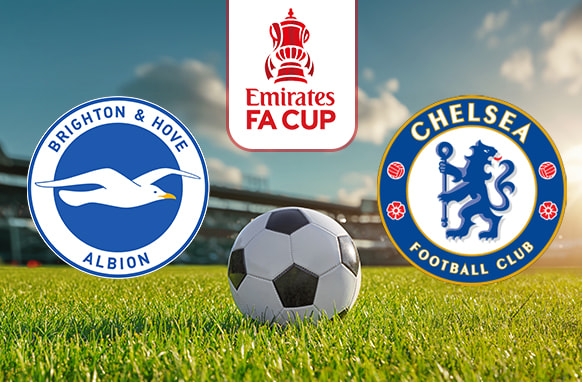 An image depicting the logos of Brighton & Hove Albion and Chelsea Football Club, set against a vibrant football field. The Emirates FA Cup logo is displayed above the logos, symbolising an upcoming FA Cup match between the two teams. In the foreground, a classic football rests on the grass, with a stadium blurred in the background under a clear blue sky.