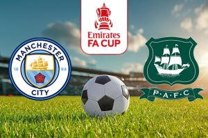 Graphic depicting an upcoming Emirates FA Cup match between Manchester City and Plymouth Argyle. The logos for both teams are prominently displayed on either side of a football resting on a green field, with the FA Cup trophy logo in the middle.