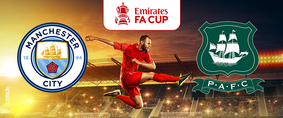 A dynamic promotional image advertising the Emirates FA Cup match between Manchester City and Plymouth Argyle.  The Manchester City and Plymouth Argyle club logos are prominently displayed on either side.  A soccer player in a red kit performs a dynamic kicking motion in front of a blurred but clearly visible stadium filled with spectators. The Emirates FA Cup trophy logo is also featured.  The overall image conveys excitement and anticipation for the match.