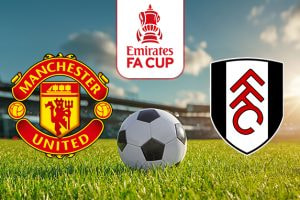 An image promoting the Emirates FA Cup match between Manchester United and Fulham. The Manchester United club logo is on the left, and the Fulham club logo is on the right, with a football in between them on a grassy field. The Emirates FA Cup logo is prominently displayed above, set against a backdrop of a stadium under a clear blue sky.