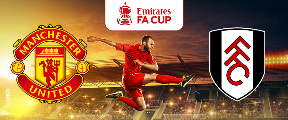 A dynamic promotional image for the Emirates FA Cup match between Manchester United and Fulham. The Manchester United club logo is on the left, and the Fulham club logo is on the right. In the centre, a soccer player in a red kit is performing a dramatic kicking motion in a brightly lit stadium. The Emirates FA Cup logo is prominently displayed above, adding to the excitement and anticipation for the match.