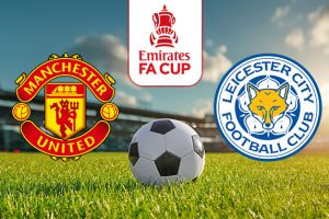 Image showing the logos of Manchester United and Leicester City side by side on a grassy football pitch with a soccer ball in the centre. Above the ball is the iconic Emirates FA Cup logo, set against a backdrop of a sunny stadium under a clear blue sky.