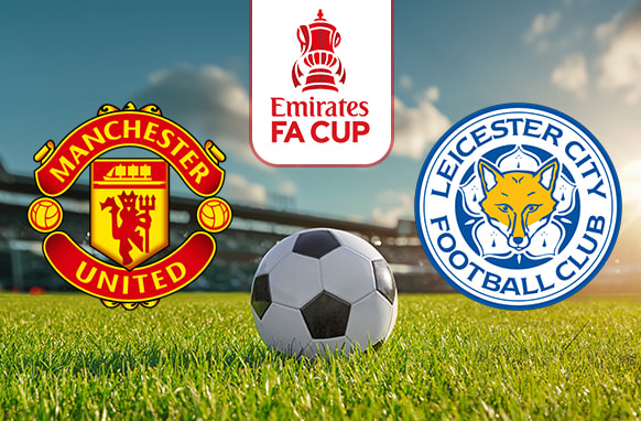 Image showing the logos of Manchester United and Leicester City side by side on a grassy football pitch with a soccer ball in the centre. Above the ball is the iconic Emirates FA Cup logo, set against a backdrop of a sunny stadium under a clear blue sky.