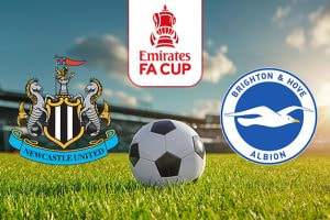 A promotional image advertising the Emirates FA Cup match between Newcastle United and Brighton & Hove Albion. The Newcastle United crest, featuring two seahorses and a central shield, and the Brighton & Hove Albion logo (a seagull in a circular design) are prominently displayed. A soccer ball sits in the foreground on a green field with a blurred stadium background. The Emirates FA Cup logo is clearly visible above the ball.