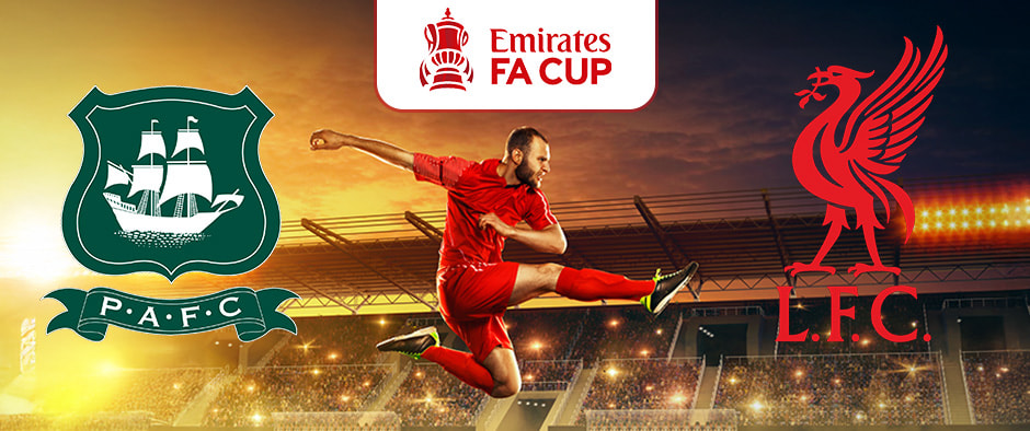 The image depicts a dynamic football scene with a player in a red uniform executing a high kick in a stadium illuminated by bright lights. On the left is the Plymouth Argyle F.C. logo, featuring a green and white ship with the initials "P.A.F.C." On the right is the Liverpool F.C. logo, showcasing a red liver bird with the initials "L.F.C." Above this scene is the Emirates FA Cup logo, prominently displaying the iconic trophy design in red. The backdrop features a dramatic sky transitioning from sunset to dusk, enhancing the exciting atmosphere typical of an FA Cup match.