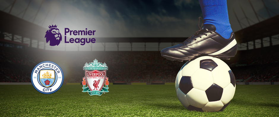 A football player in blue socks stands with one foot on a football on the pitch of a large stadium. The Premier League logo is displayed, along with the crests of Manchester City Football Club and Liverpool Football Club, highlighting their upcoming match.