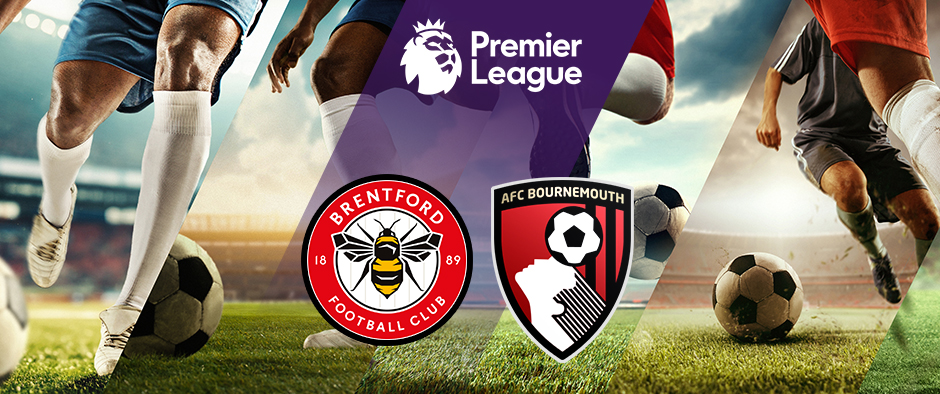 A vibrant football scene depicting players in action on the pitch, with a football at their feet. Brentford Football Club's and AFC Bournemouth's logos are prominently displayed, along with the Premier League logo at the top, set against a sunlit stadium backdrop.