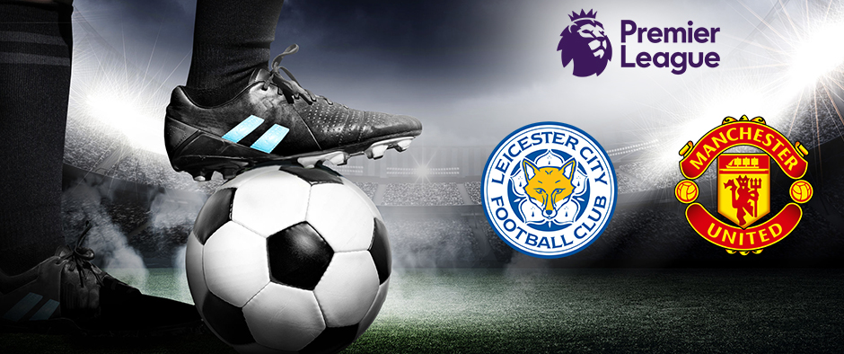 A striking football image showing a player poised to kick a ball on the pitch. The logos of Leicester City Football Club and Manchester United Football Club are prominently displayed, with the Premier League logo above, set against a dramatic stadium backdrop filled with anticipation.