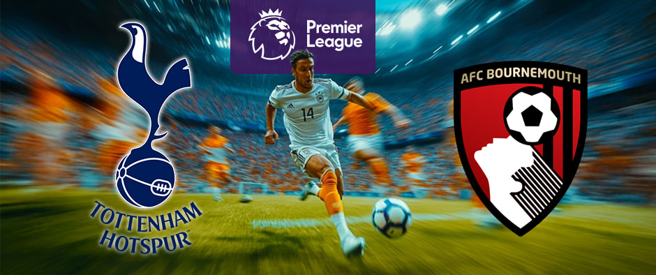 A dynamic image depicting a football player in action, dribbling a ball on the pitch under stadium lights. The logos of Tottenham Hotspur and AFC Bournemouth are prominently displayed on either side, with the Premier League logo above, highlighting an upcoming match between these two teams.