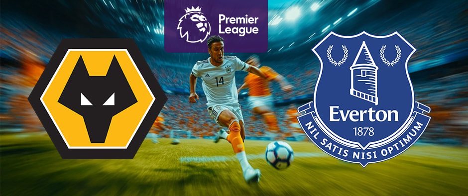 A dynamic image showing a football player in action on the pitch with a football at his feet. The logos of Wolverhampton Wanderers and Everton are prominently displayed on either side, with the Premier League logo above, highlighting an upcoming match between these two teams.